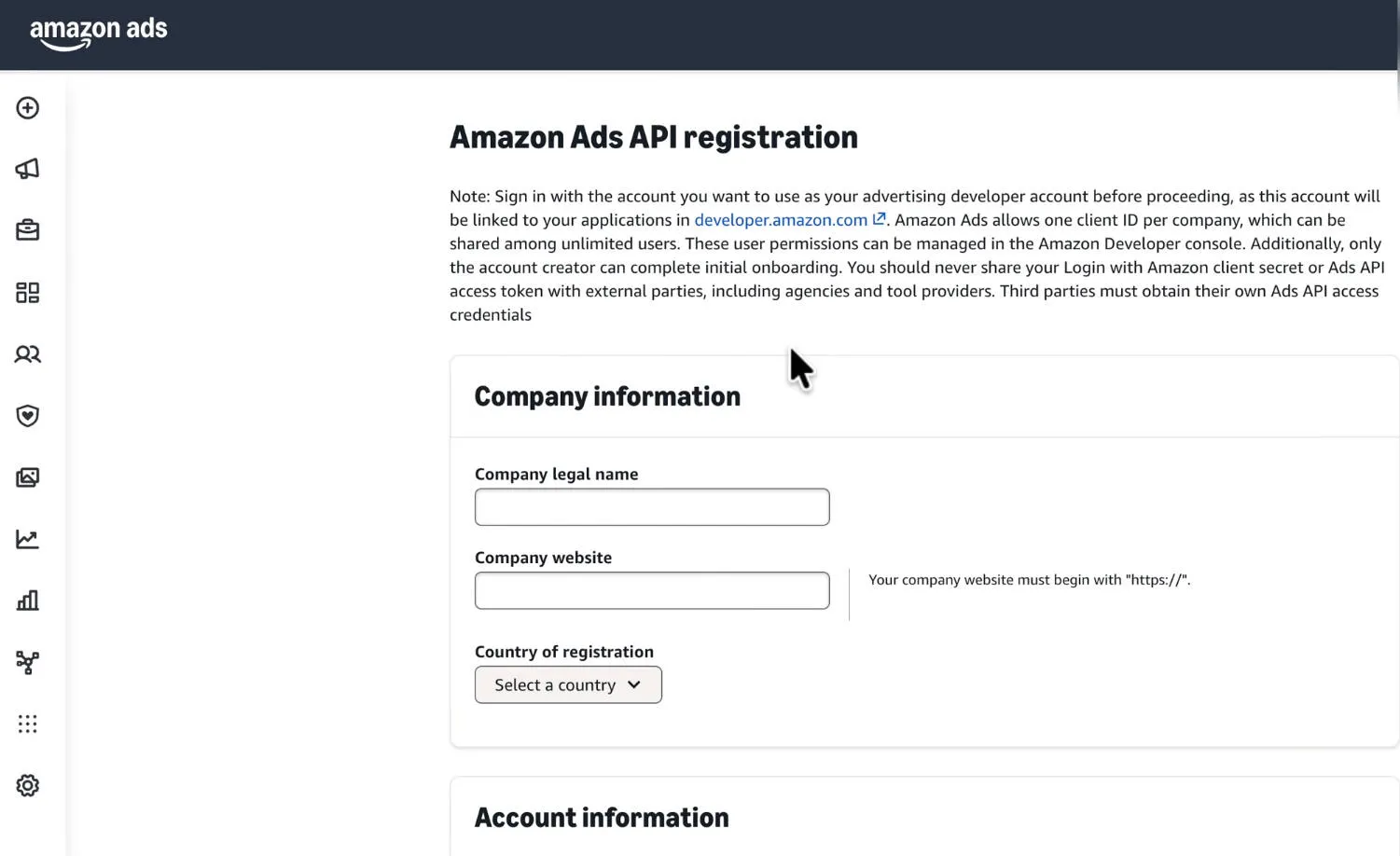 Amazon Ads API registration form