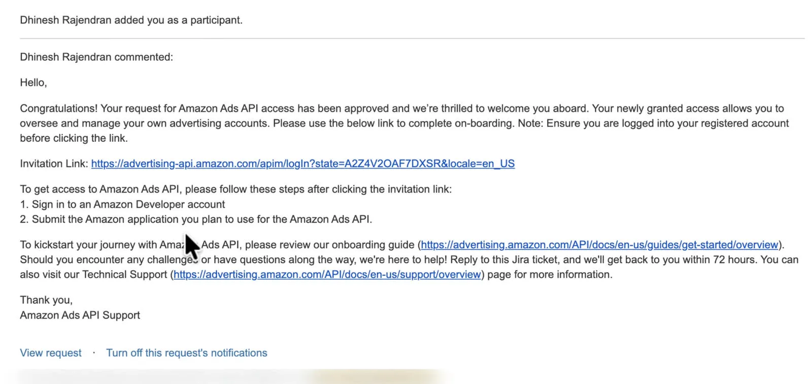 Approval / invitation email for Amazon Ads API access