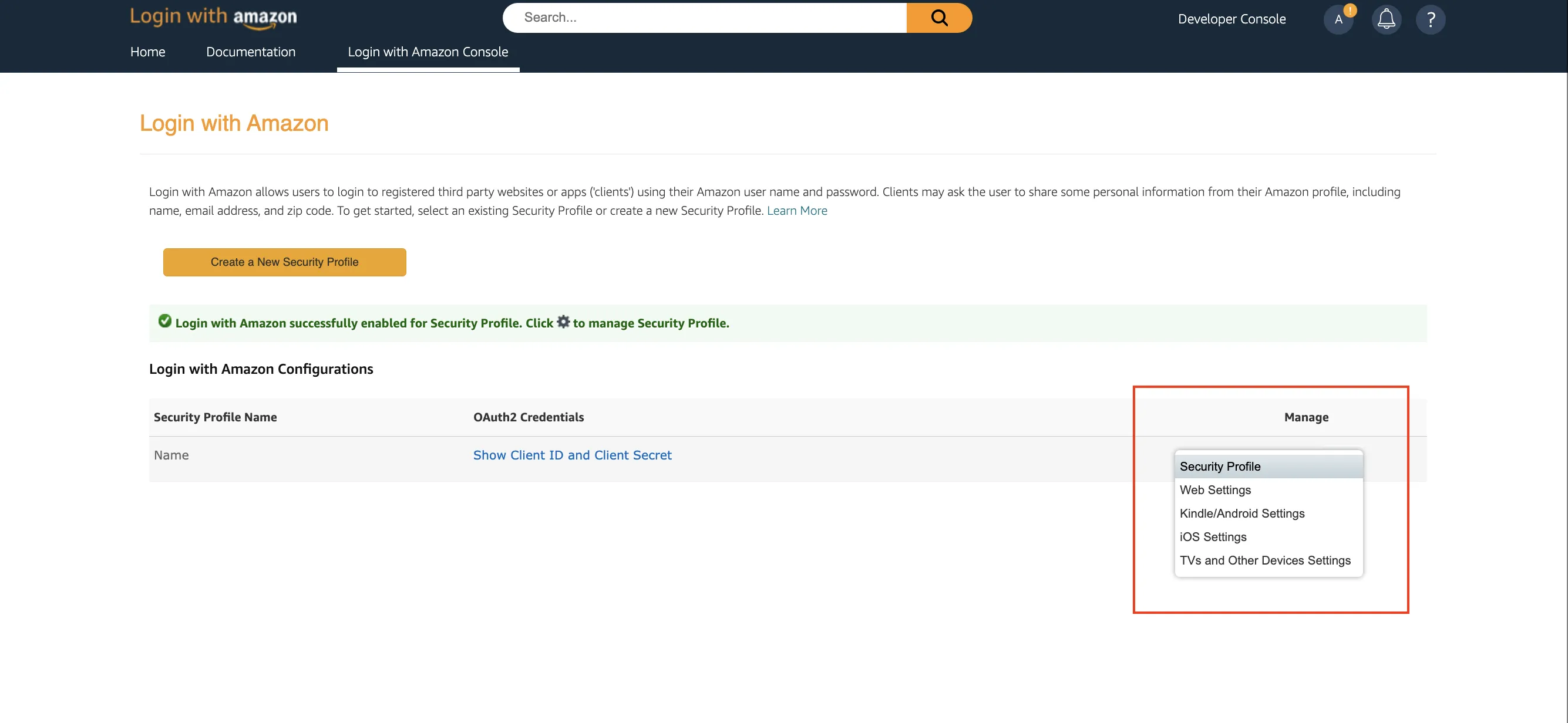 LWA security profile showing Client ID / Client Secret