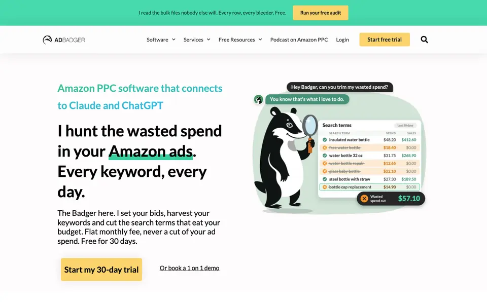 Ad Badger homepage, with its badger mascot reviewing a search-term table