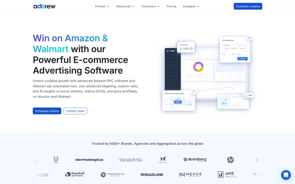 Adbrew homepage with Amazon and Walmart advertising dashboards
