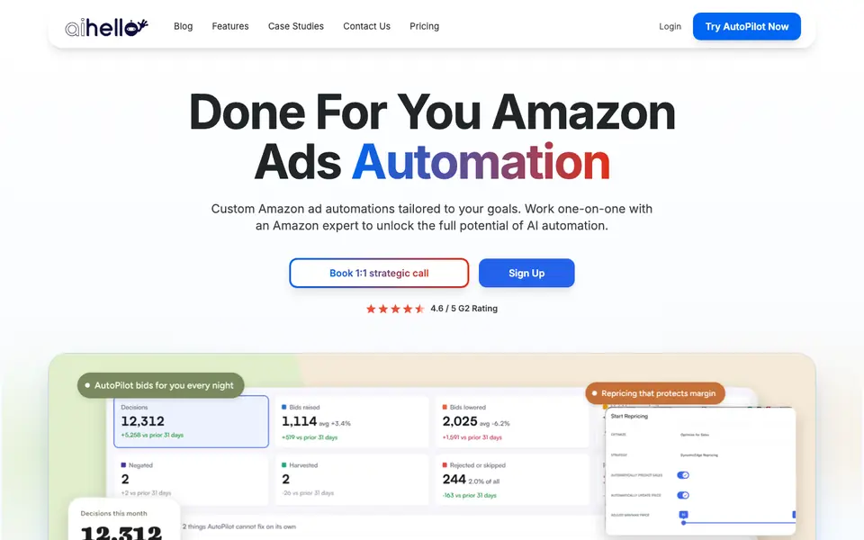 AiHello homepage with AutoPilot bid-change statistics