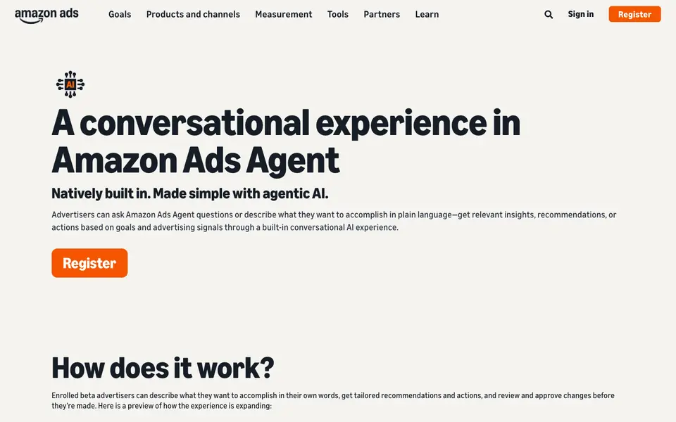 Amazon Ads page introducing the conversational experience in Amazon Ads Agent