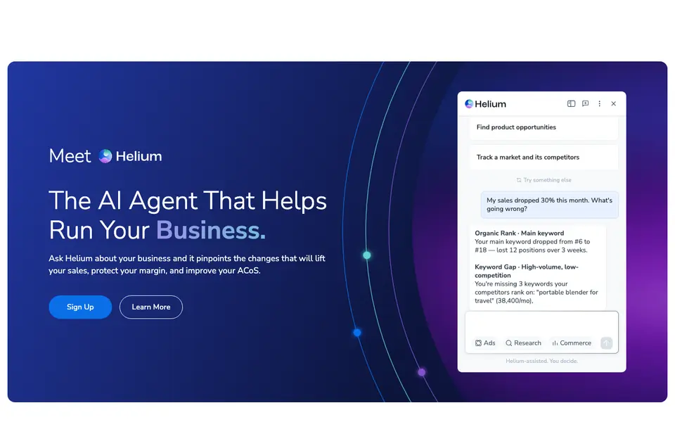 Helium 10 homepage introducing its Helium AI agent