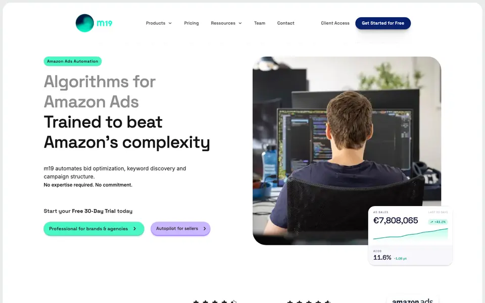 m19 homepage: algorithms for Amazon Ads trained to beat Amazon's complexity