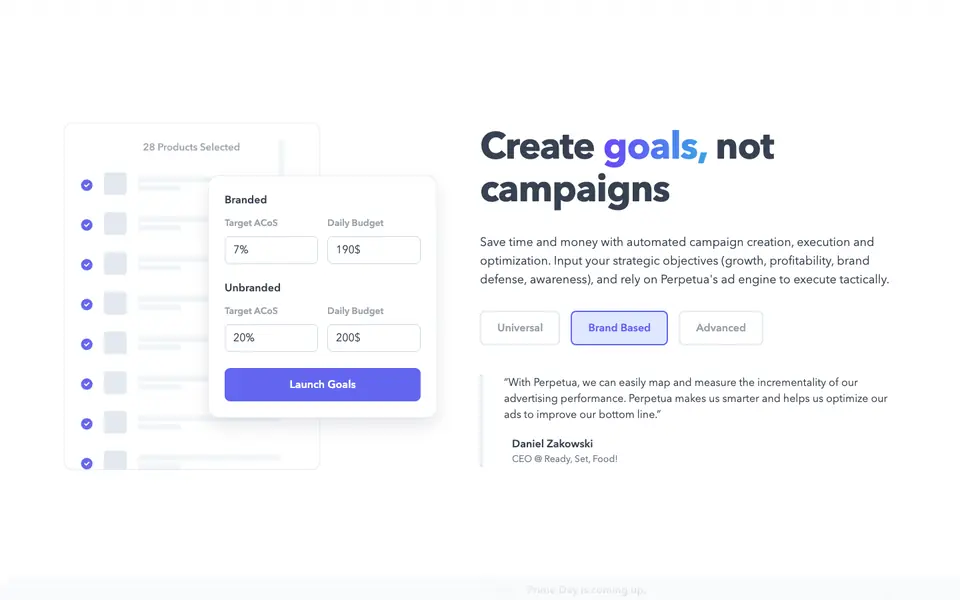 Perpetua goal setup screen with branded and unbranded target ACOS and daily budgets