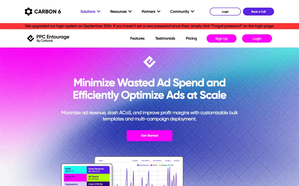 PPC Entourage page on Carbon6 with a campaign dashboard preview