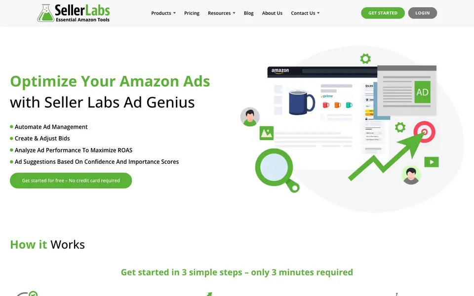 Seller Labs Ad Genius page listing automated ad management and confidence-scored suggestions