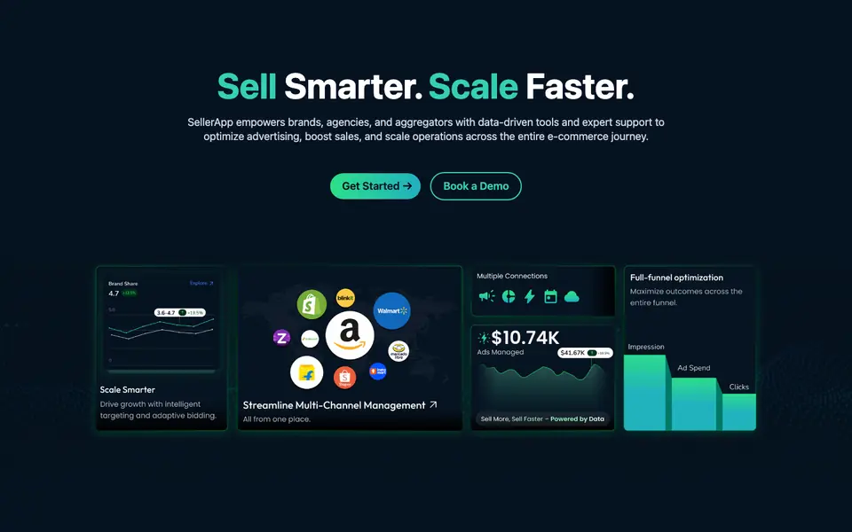 SellerApp homepage with multi-channel dashboard tiles