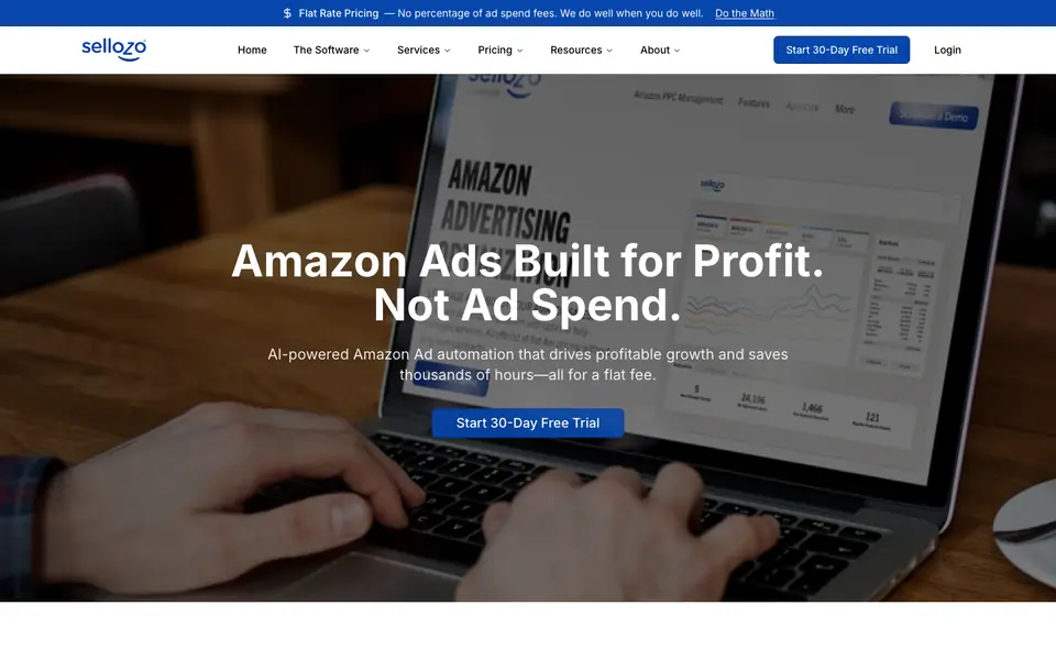 Sellozo homepage over a laptop showing Amazon Advertising