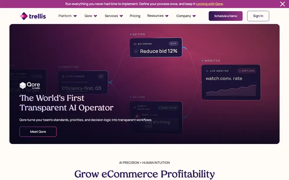 Trellis homepage introducing Qore with rule cards such as reduce bid 12%
