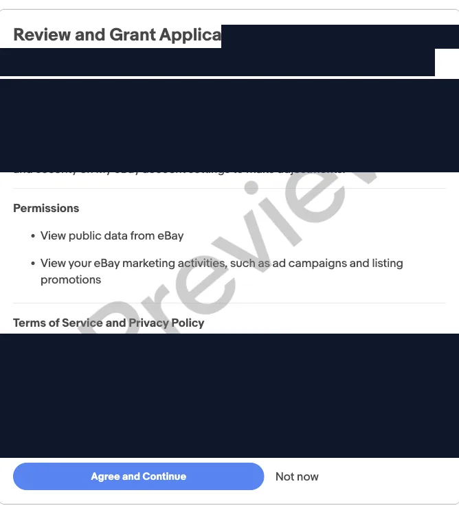 eBay Review and Grant Application Access consent screen showing the requested permissions and the Agree and Continue button, with the application name redacted