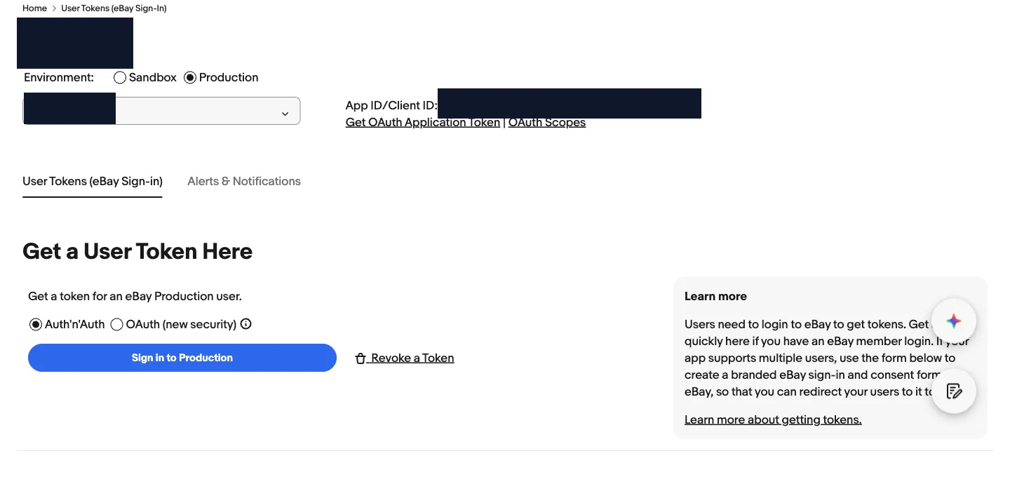 eBay developer portal User Tokens page showing the production keyset, the App ID field, and the Auth'n'Auth vs OAuth toggle, with account identifiers redacted