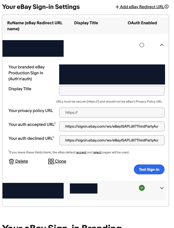 The eBay Sign-in Settings table showing a RuName row with its branded sign-in URL, accepted URL fields, and the OAuth Enabled toggle, with the RuName strings and display title redacted
