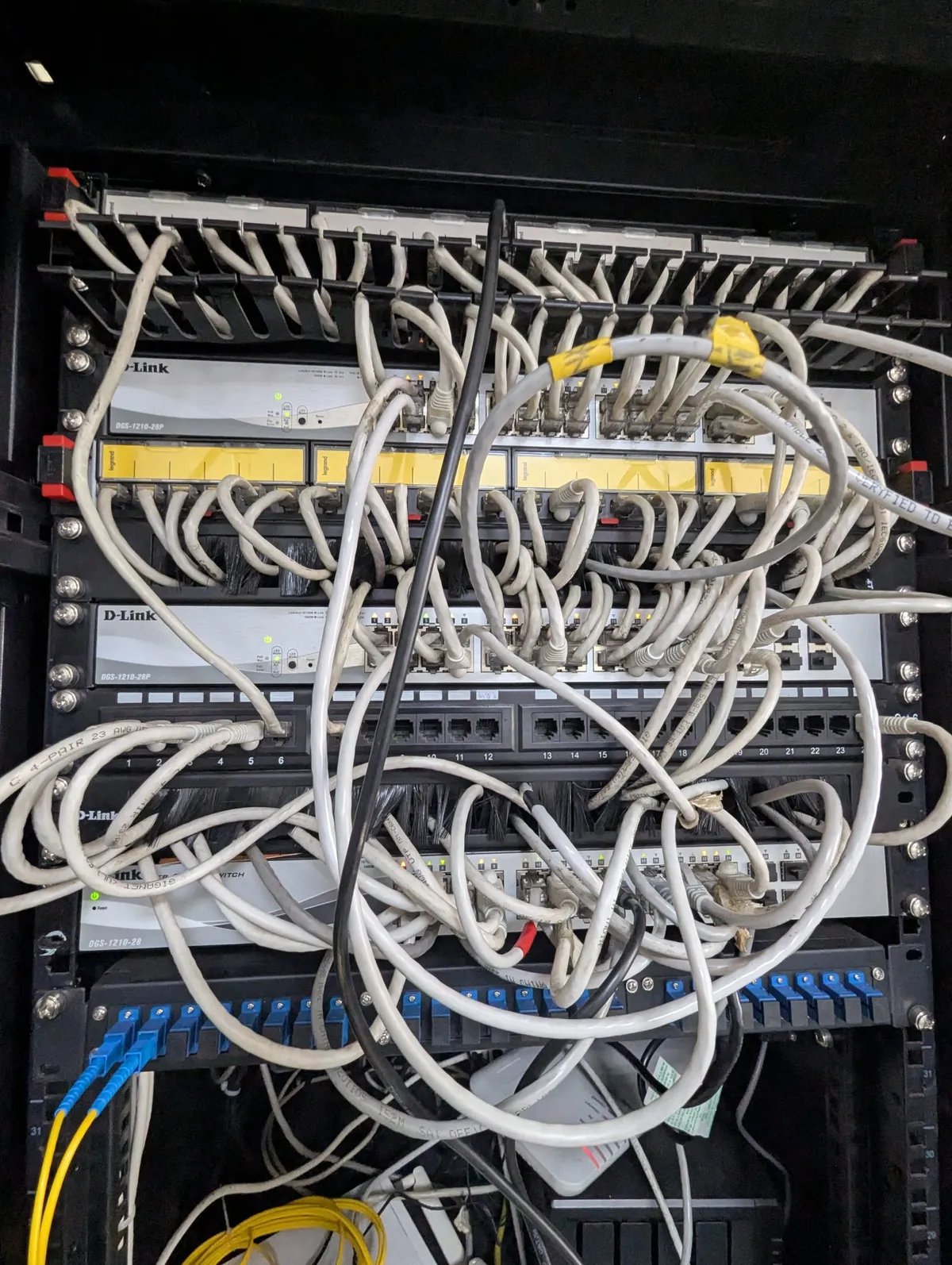 Neatly bundled network cables in a data centre rack