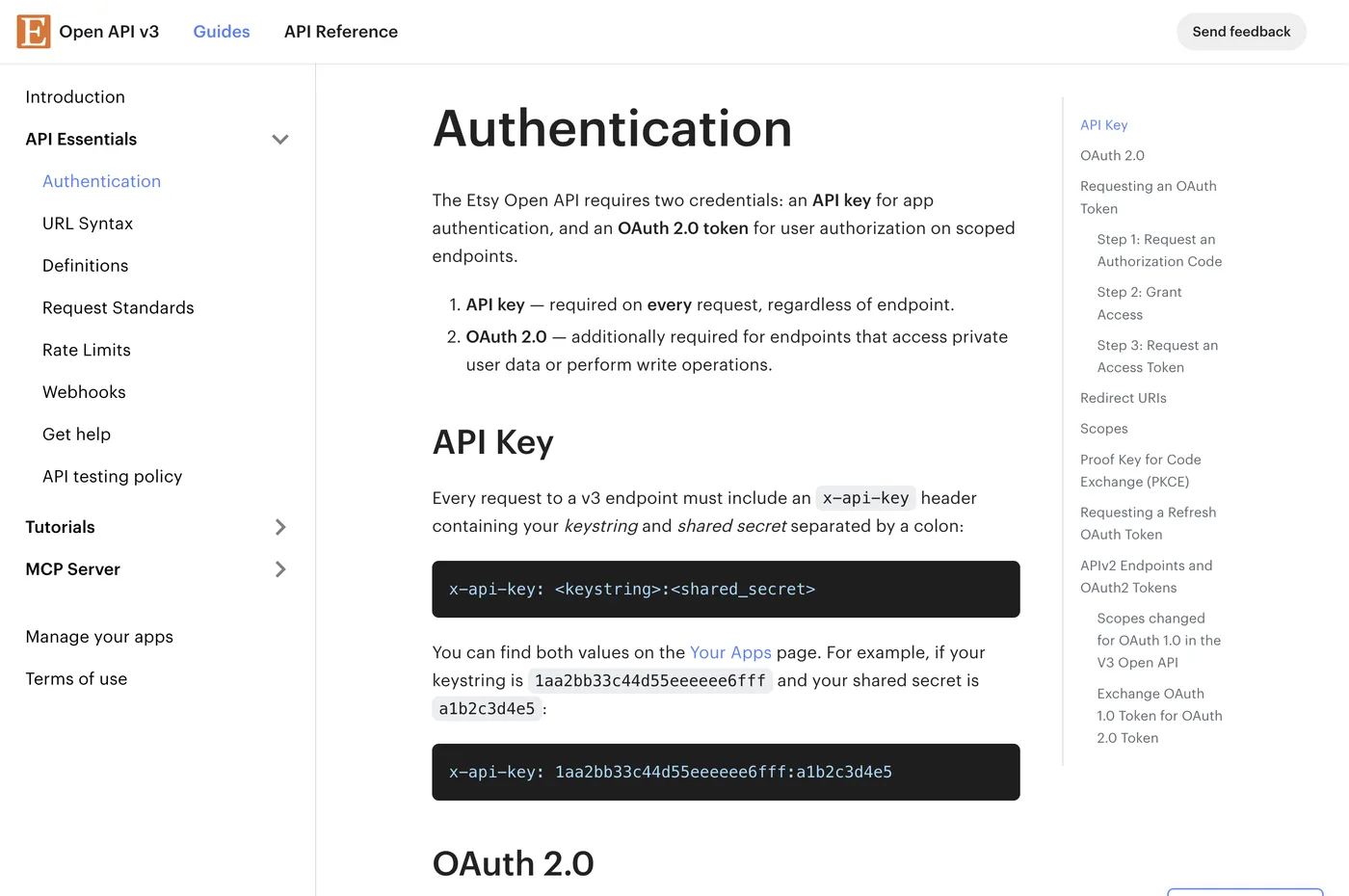 Etsy Open API v3 authentication documentation showing the two required credentials: an API key for app authentication and an OAuth 2.0 token for user authorization