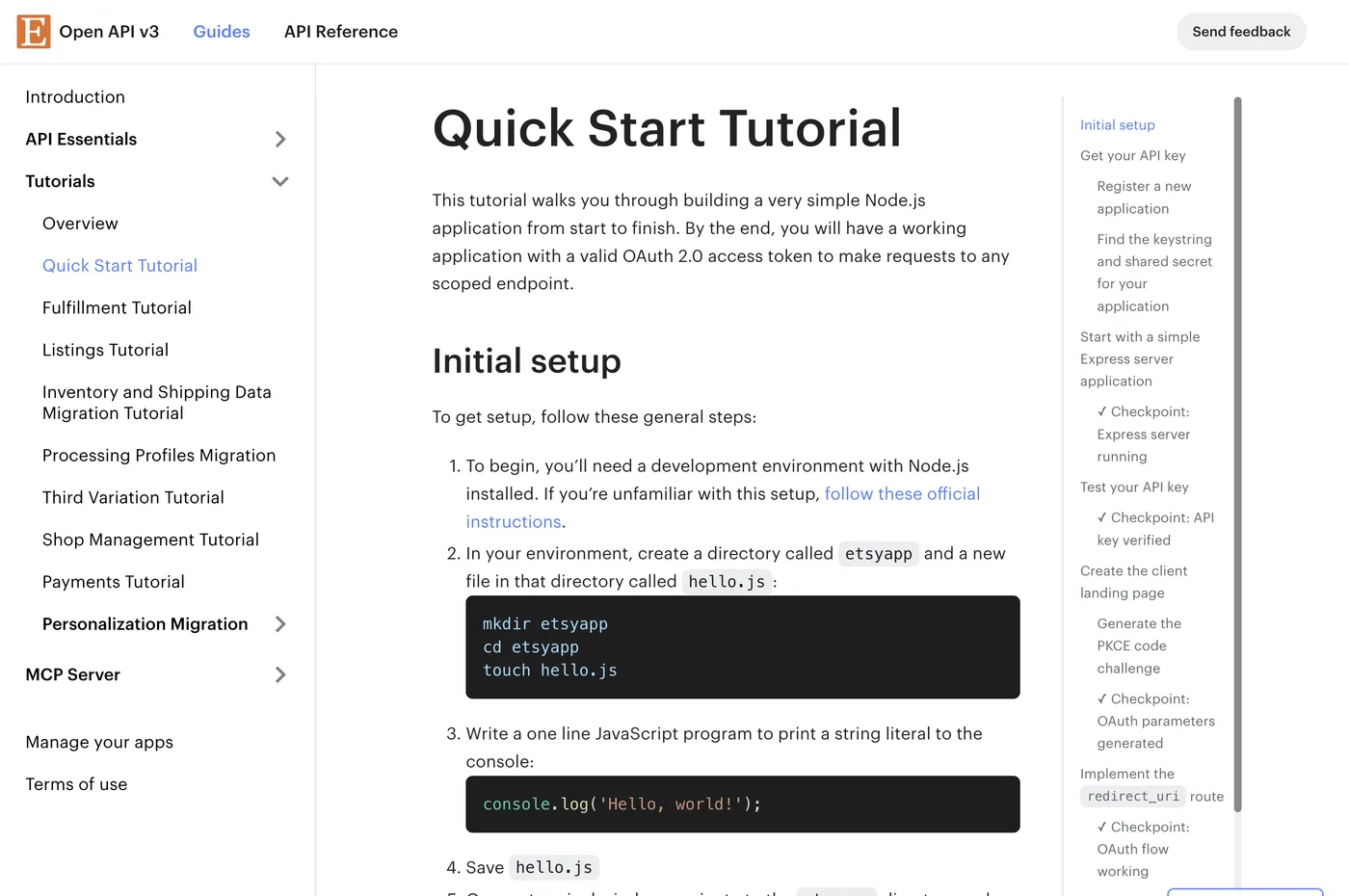 Etsy Open API v3 quickstart tutorial page in the developer documentation