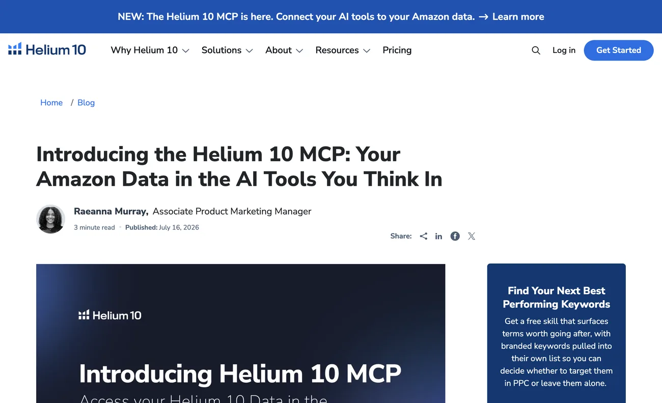 Helium 10's blog post introducing the Helium 10 MCP, published July 2026