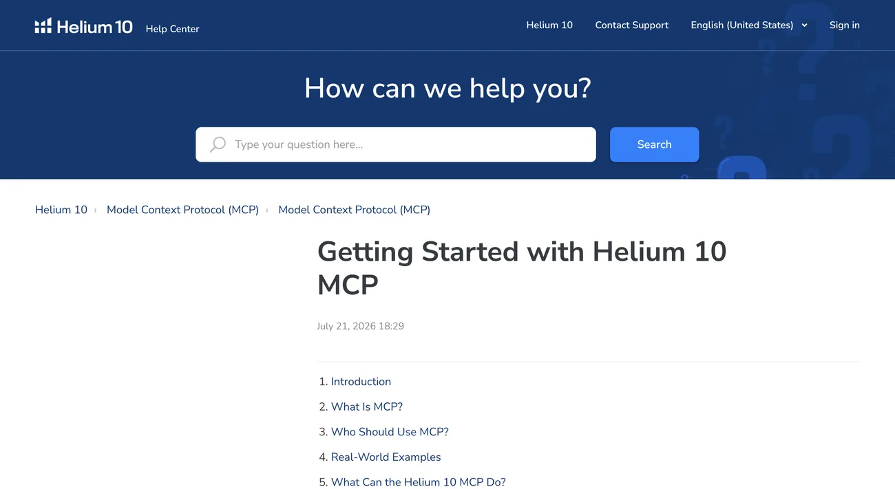 The Helium 10 knowledge base article titled Getting Started with Helium 10 MCP
