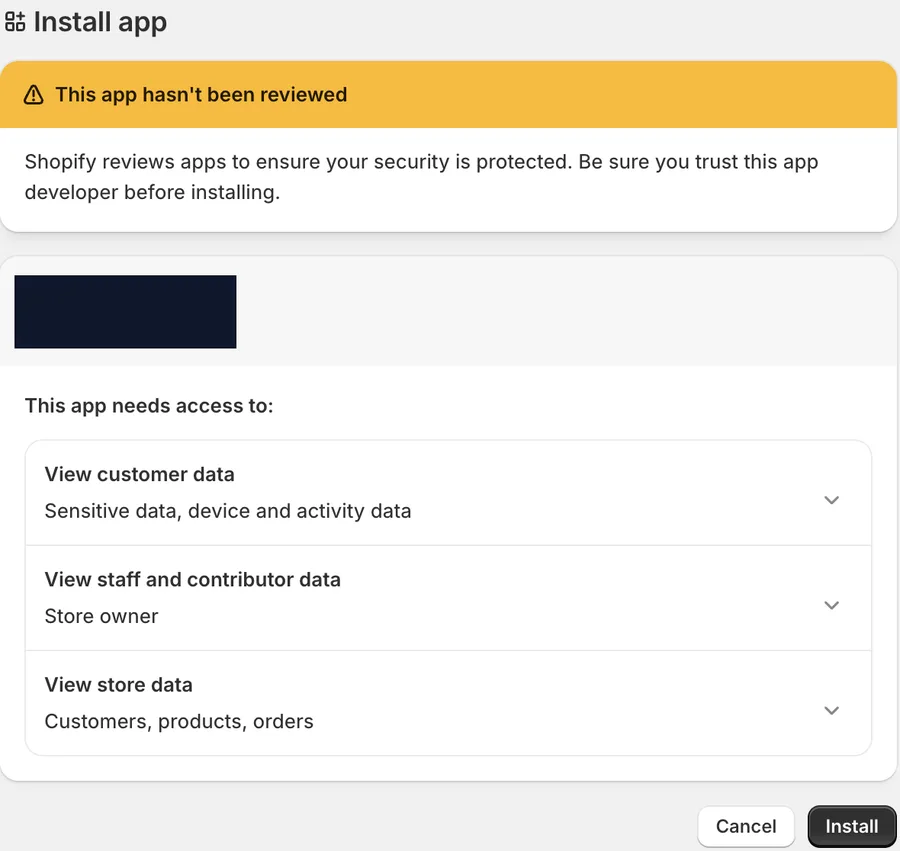The Shopify install consent screen showing an unreviewed-app warning and three permission groups: view customer data, view staff and contributor data, and view store data