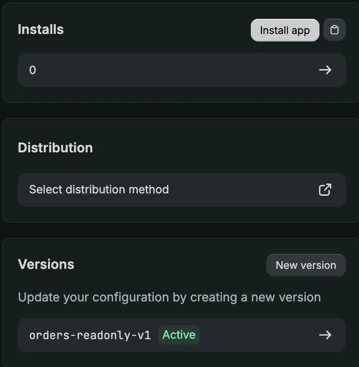 Shopify Dev Dashboard app overview in a Partner organization, showing an Installs card, a Distribution card with a Select distribution method link, and a Versions card