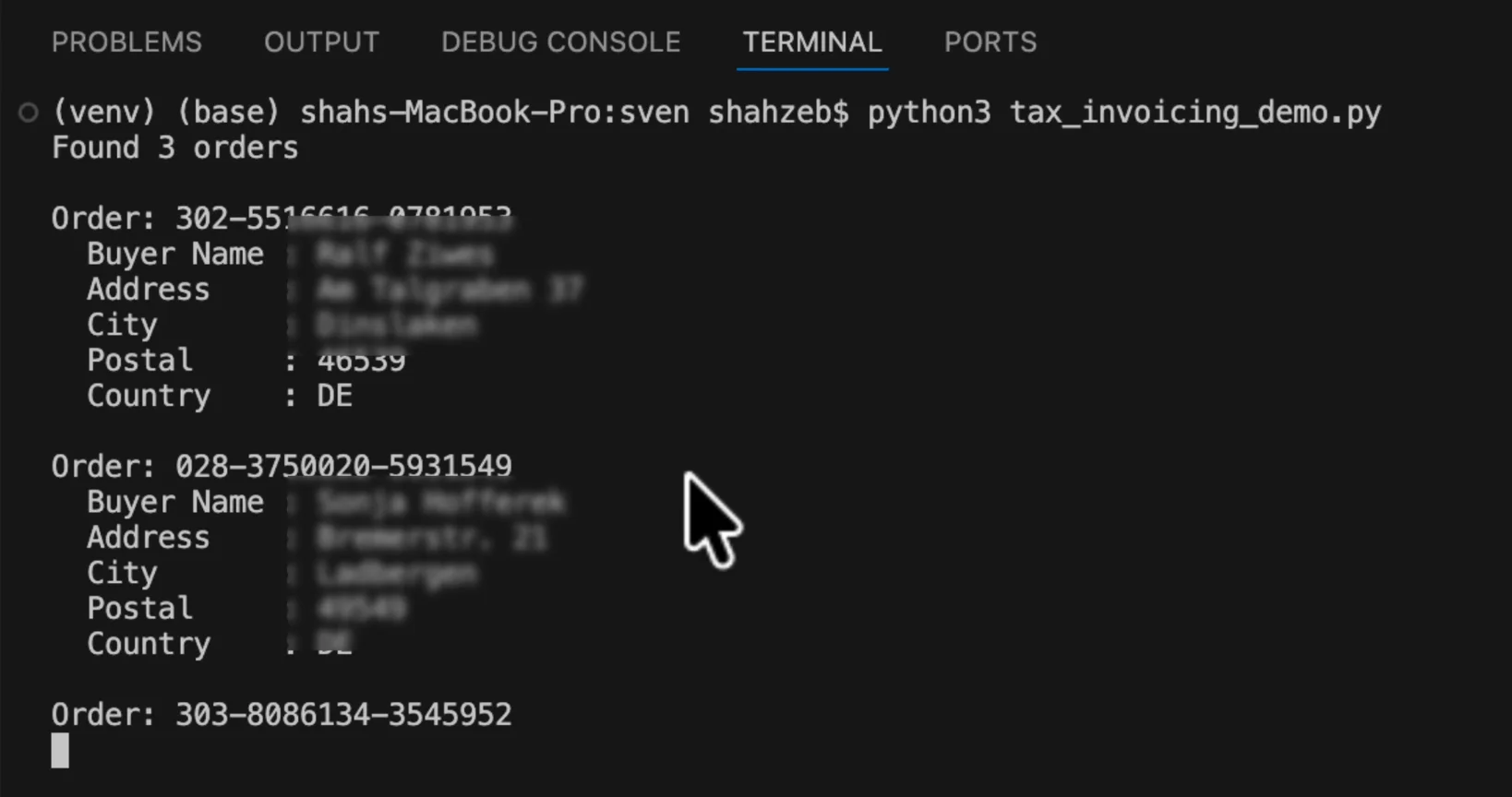 VS Code terminal showing the demo running successfully — three orders, each with buyer name, address, city, postal code, and country populated