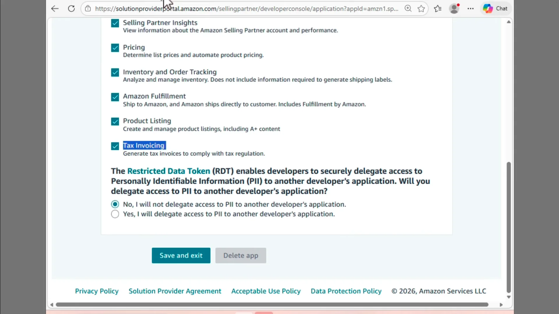 SPP application page showing Tax Invoicing role attached at the application level, plus the Restricted Data Token PII delegation question