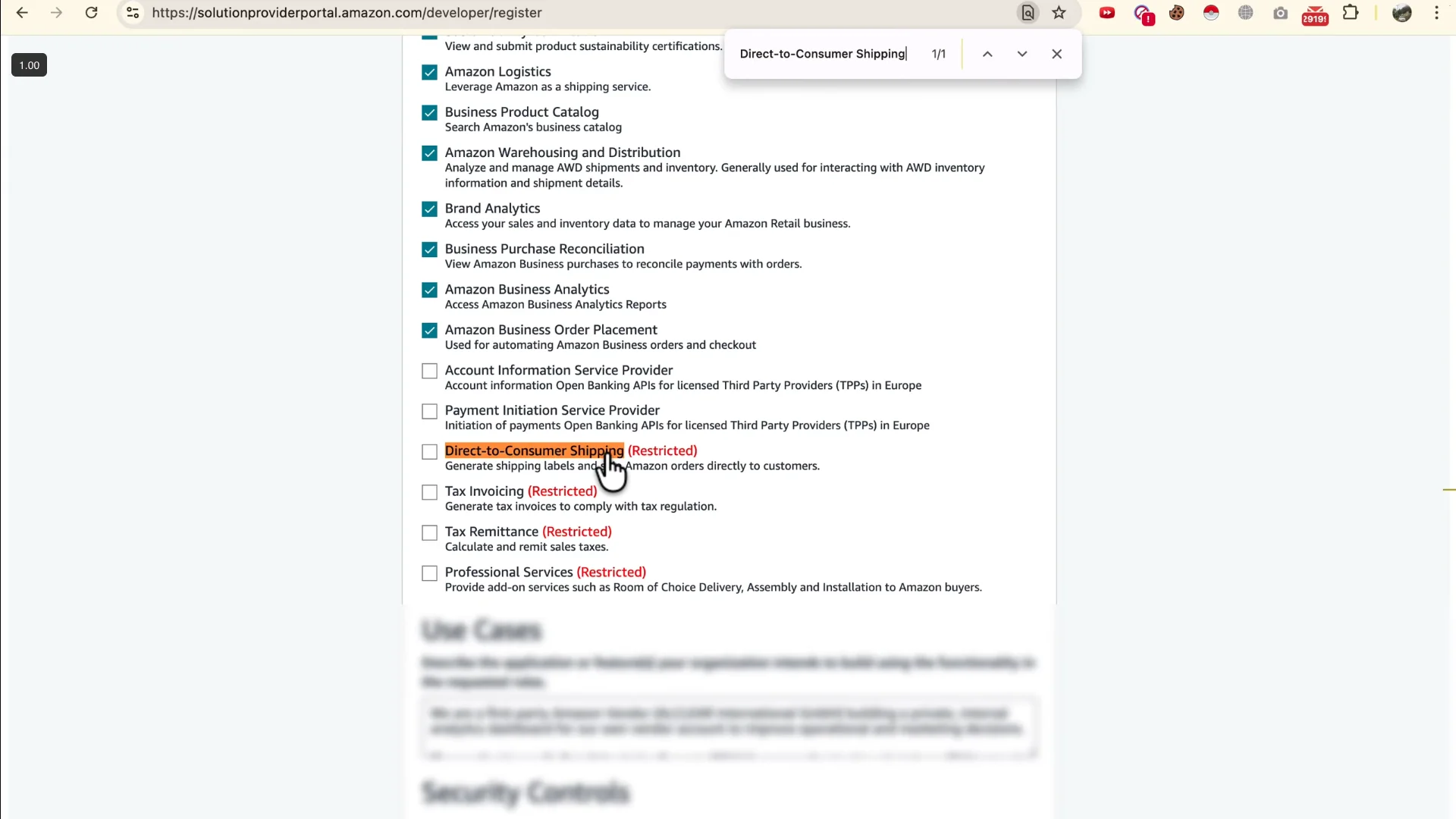 Solution Provider Portal showing the role picker with Direct-to-Consumer Shipping, Tax Invoicing, Tax Remittance, and Professional Services as restricted roles