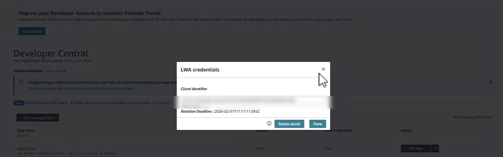 Client ID and Client Secret screen