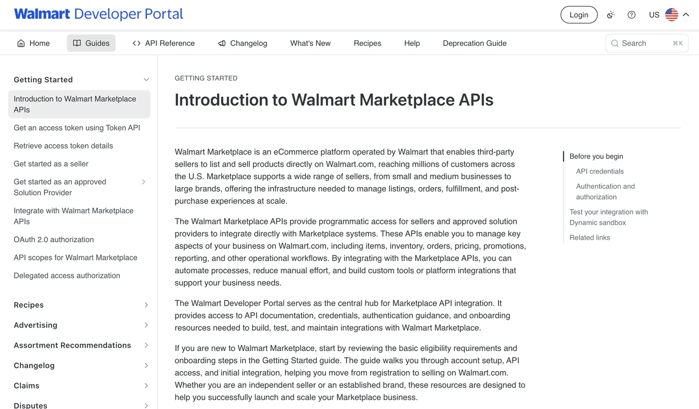 Walmart Developer Portal documentation showing the getting started navigation, including access tokens, OAuth 2.0 authorization and API scopes