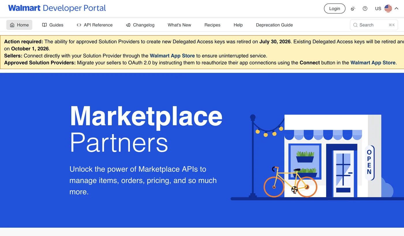 The Walmart Developer Portal getting-started documentation, listing steps for API credentials, authentication and authorization