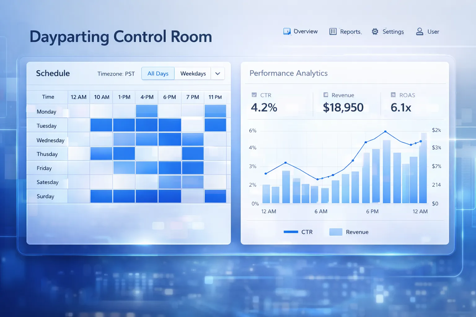 Hourly dayparting control room for a multi-client PPC manager