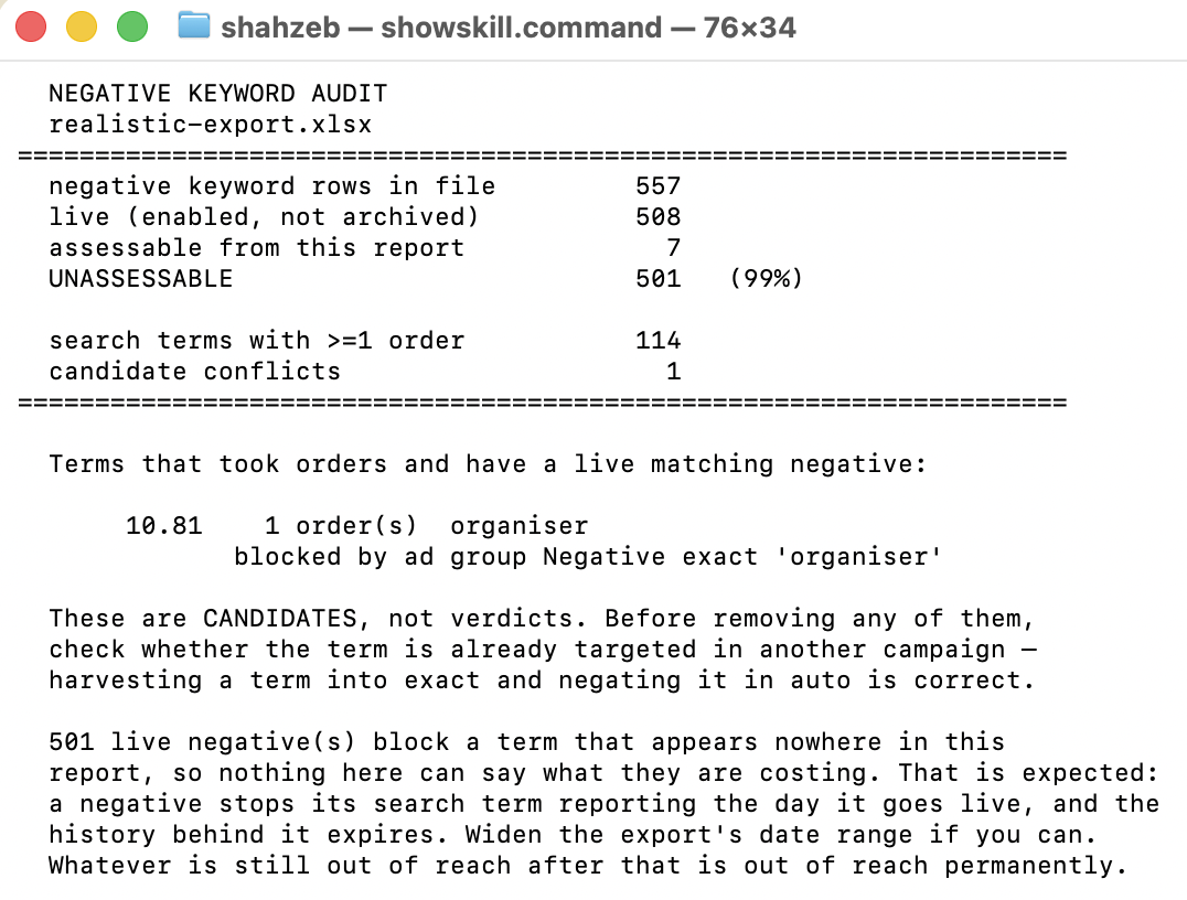Terminal output of the negative keyword audit: 557 negative keyword rows, 508 live, 7 assessable, 501 unassessable at 99 percent, 114 search terms with at least one order, and one candidate conflict worth 10.81 on the search term organiser.